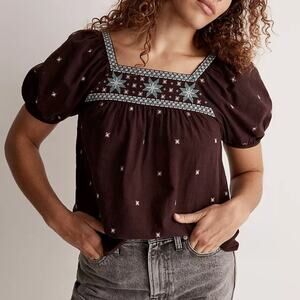 Madewell Embroidered Crinkle Cotton Bubble-Sleeve Top Size Small NWT